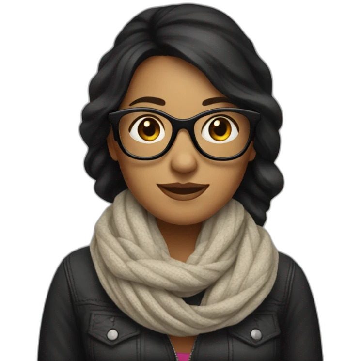 Woman in her 35s, dark hair with dark glasses and a scarf on her head. It's like I'm going to the beach emoji