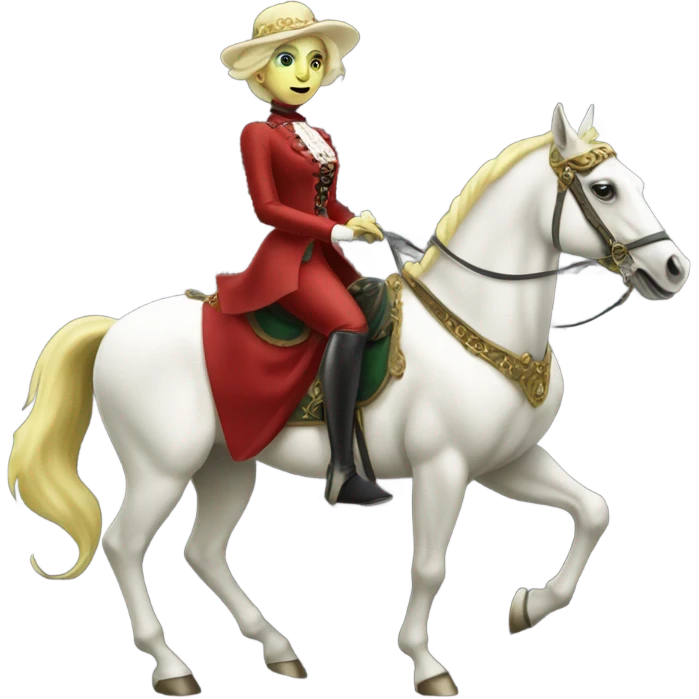 "galora green blonde alien woman" in red Victorian elegant dress, full body, rides horse gold and white
 emoji