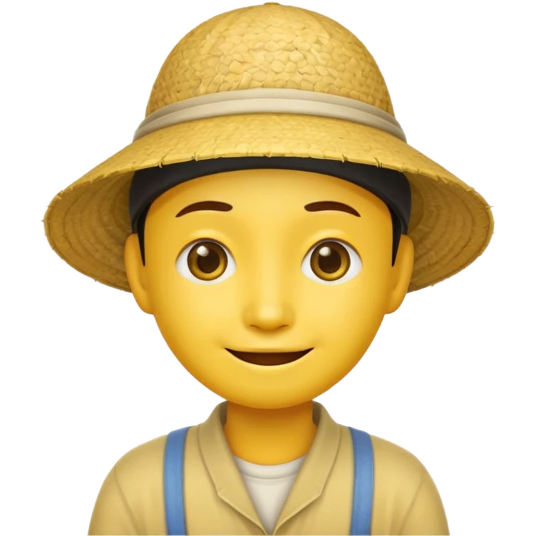 Yellow emoji smiley face with stereotypical Chinese facial features and rice farmer hat. Eyes very narrow emoji