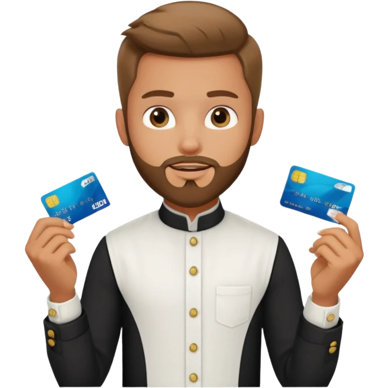 generate a pretty bratz boy wearing a white linen mandarin collar shirt with an amex card in hand. bearded emoji