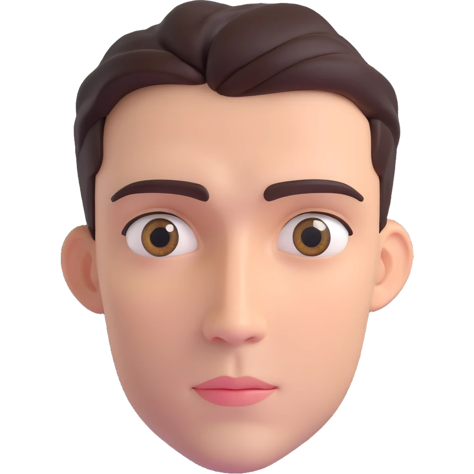 front-facing 3D head of a handsome man, eyes looking slightly upward as if in deep thought, clean symmetrical facial features, calm and reflective expression, smooth skin, soft lighting, volumetric emoji style emoji