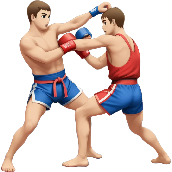 An icon symbolizing Sambo, featuring two fighters in blue and red kimonos with shorts. One executes a powerful throw, while the other attempts a defensive grab. The fighters are engaged in a grapple, using joint locks and sweeps. The background features a wrestling mat/ emoji