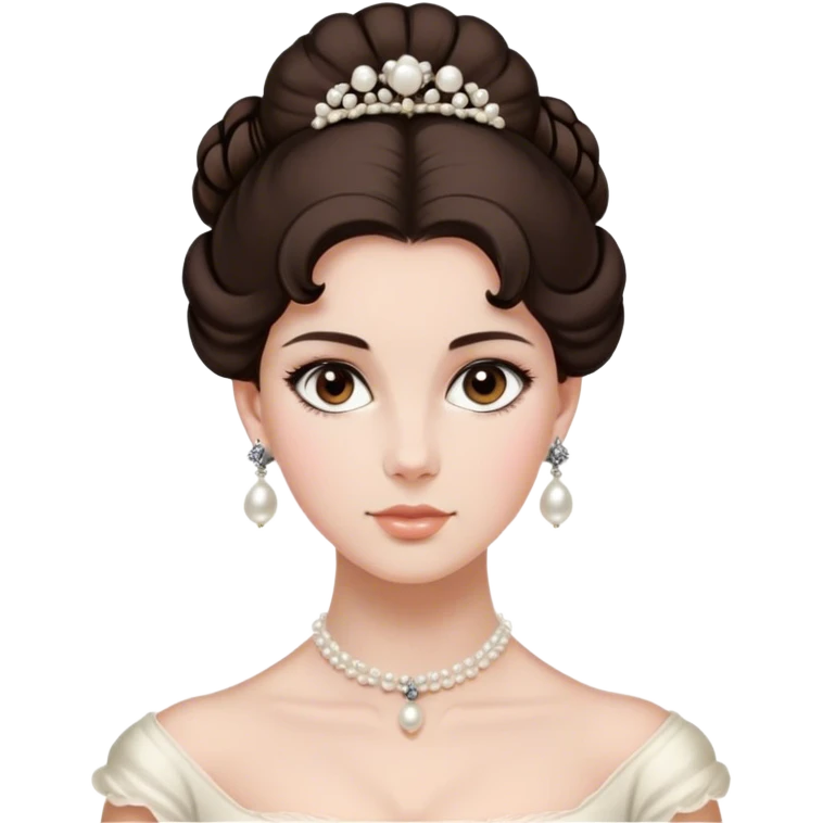 lady with dark brown hair, styled in an elegant Regency-era updo, Soft brown eyes, kind but firm gaze, Wears delicate pearl earrings, emoji