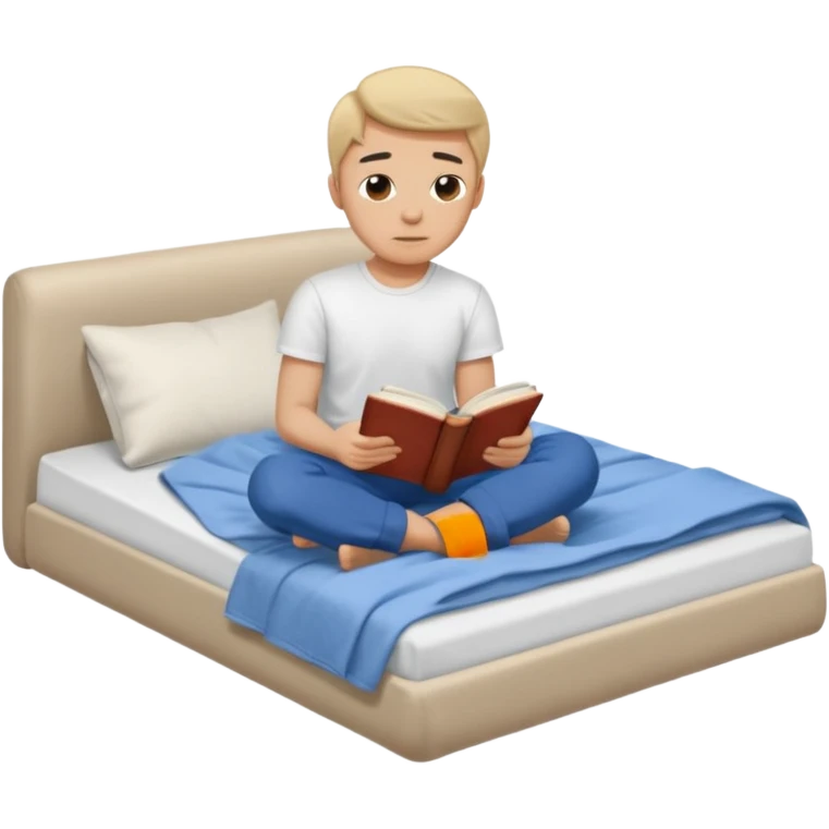 bed with a wrinkled blanket, the pillow out of place on the floor. t-shirt, pants, and an open book on the floor. emoji