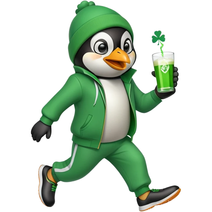 full body friendly anthropomorphised penguin wearing green mafia-style tracksuit, angry, running aggressively, shamrock accessory, no drink emoji