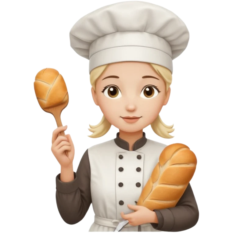 Young female baker - wearing a white chef's hat, holding a cream piping bag and bread in her hand emoji
