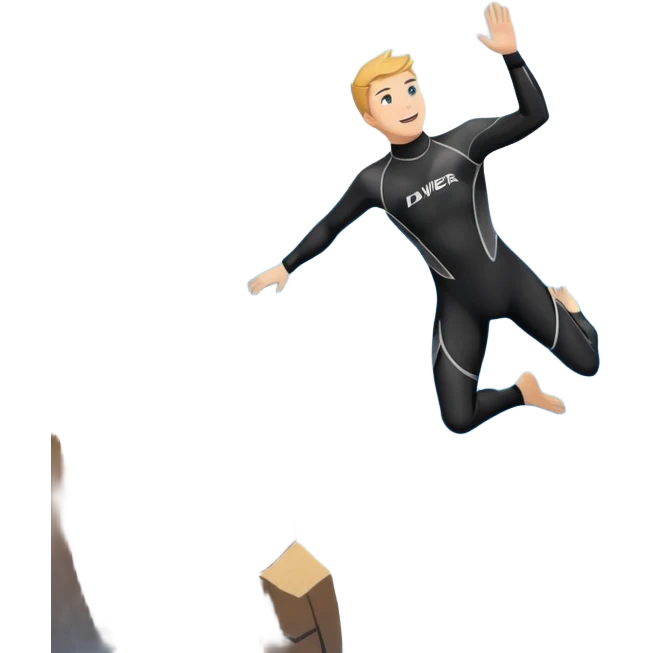 A diver mid-air, plunging from a high cliff into the sparkling ocean below. The background features rugged cliffs, clear blue water, and a bright sky, emphasizing the excitement and danger of the sport with a sense of freedom and adventure. emoji