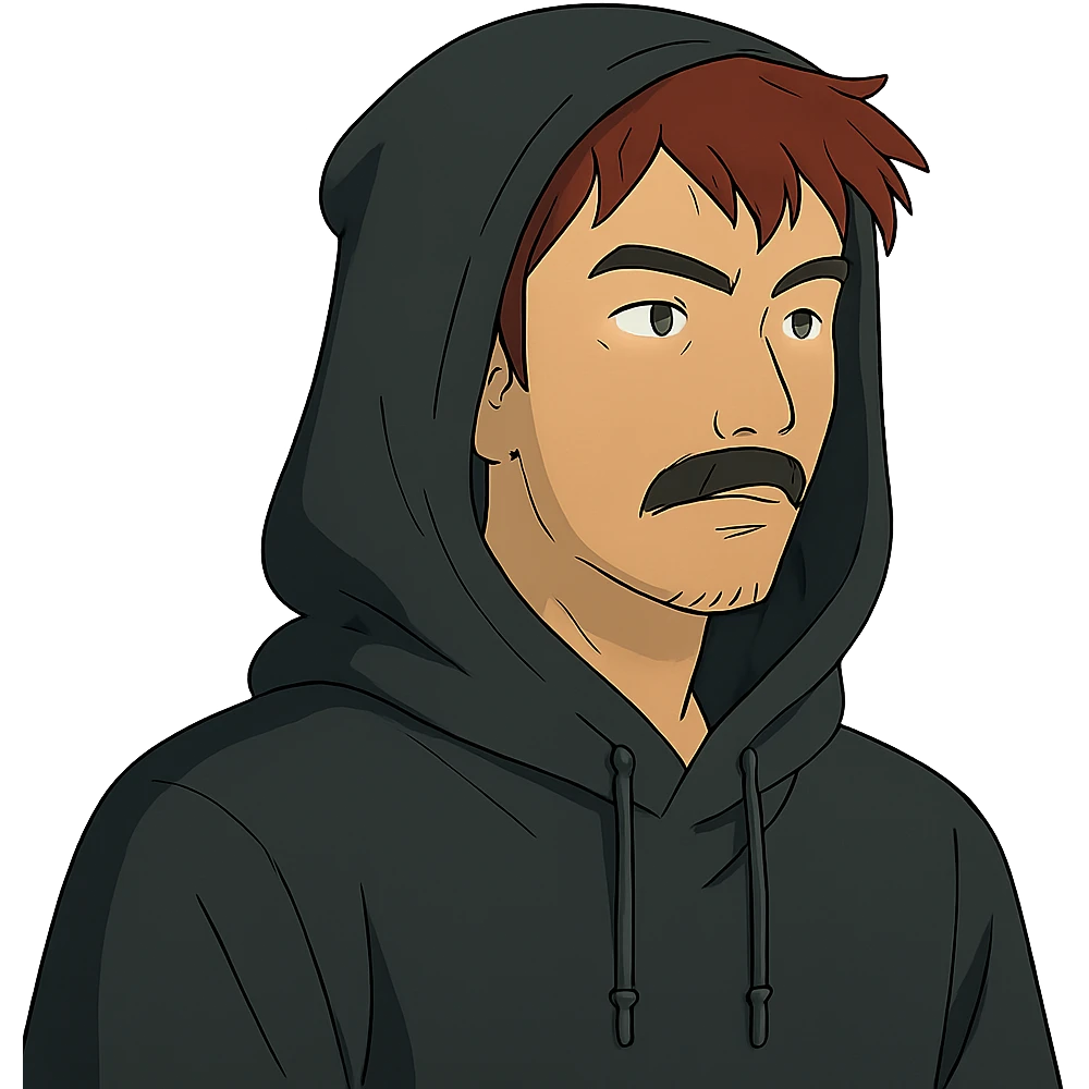 Asian man with black mustache, red hair, wearing a black hoodie in Japanese cyberpunk anime style emoji