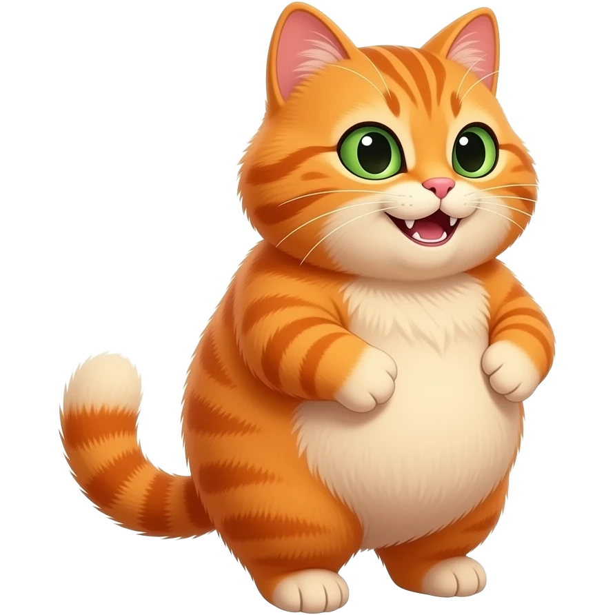 chonky orange cat with green eyes, standing on back legs, belly, one teeth showing, smiling, devilish eyes, long haired, 3/4 view, looking at the camera, smiling, garfield-like emoji