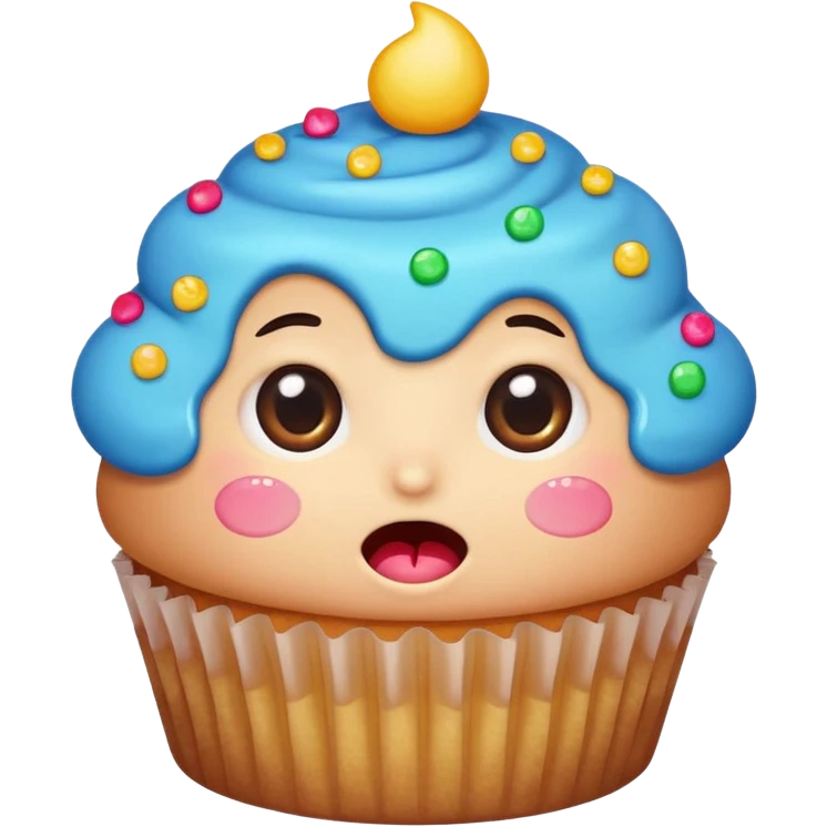 bitten cupcake with big sparkling eyes, drooling mouth, blushing cheeks, hands reaching toward it, colorful, expressive, minimalistic, modern emoji style emoji