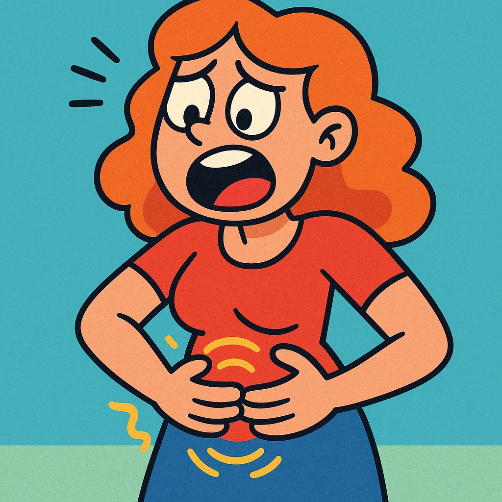 cartoon of a woman with a hungry tummy, expressive face, holding her stomach, simple background, vibrant toon style, fun and playful emoji