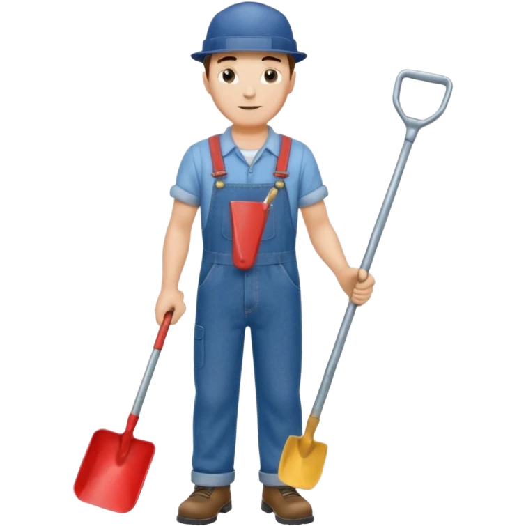male worker 1950 flat hat and overalls and shovel standing emoji