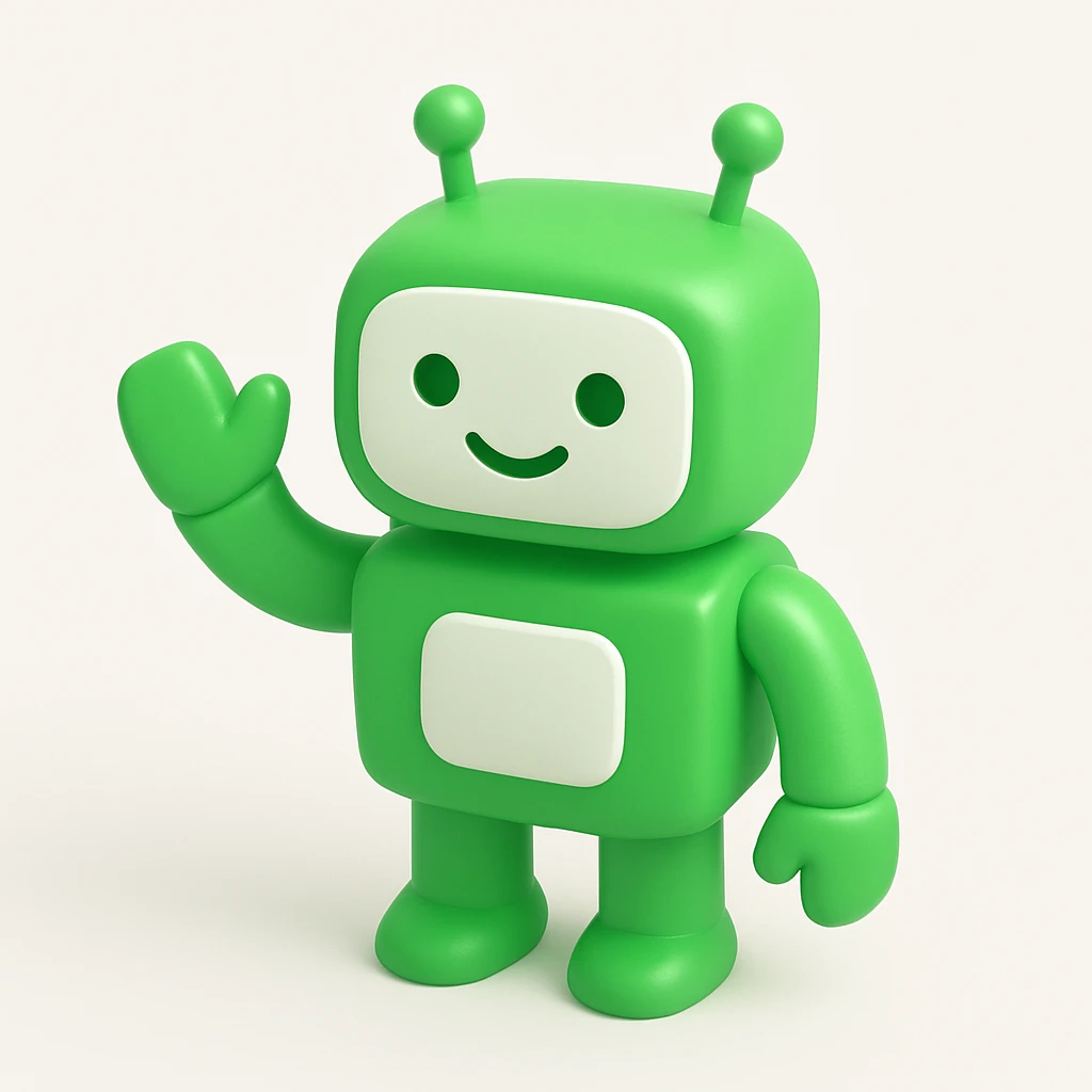 3D green robot waving, smiling, with antennae emoji