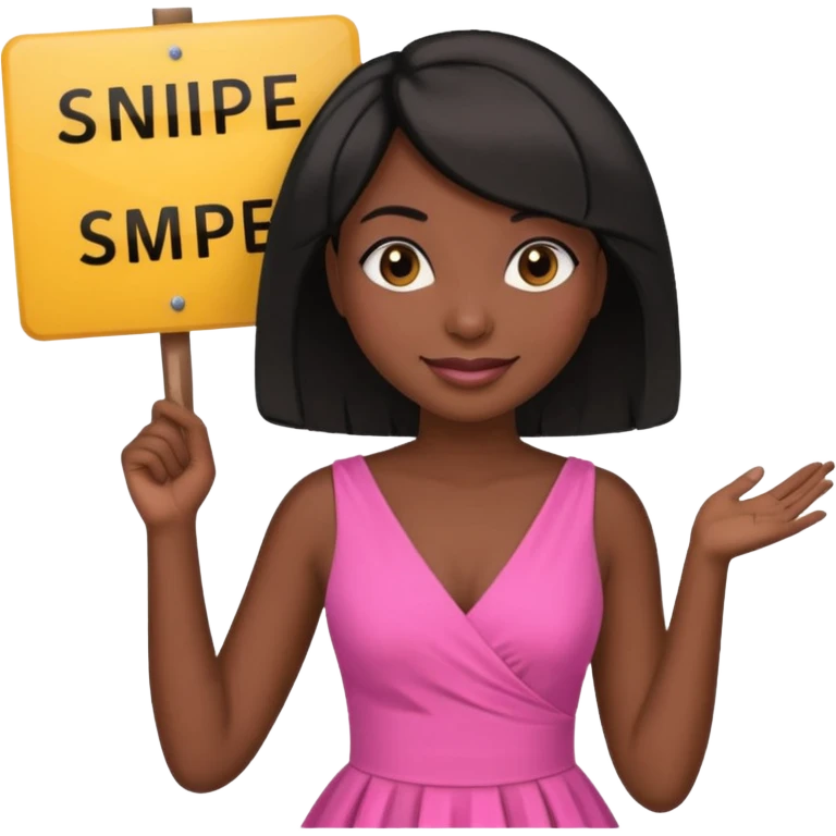Dark skin woman with black bob in hair holding sign that says snipe  wearing pink dress  emoji