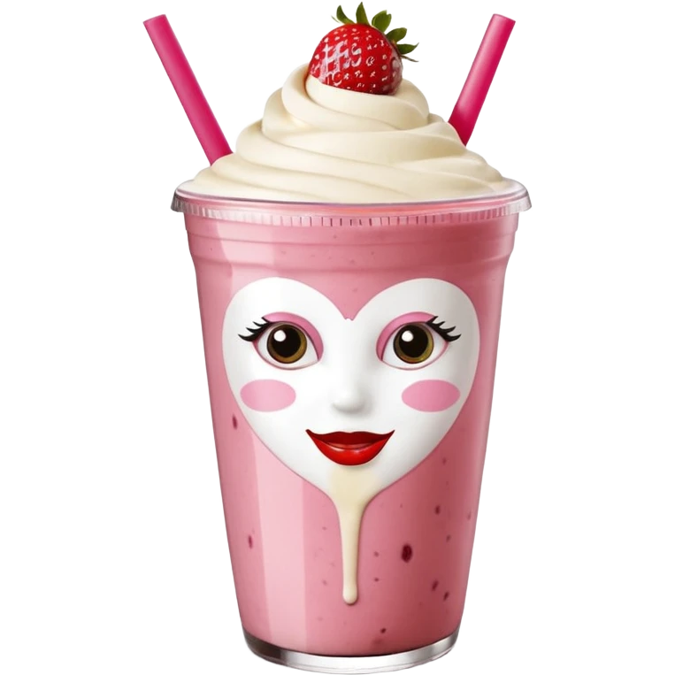 un vaso de batido animado, de caricatura, con tapa y pitillo, que tenga brazos y piernas, cara tierna y que inspire confianza y amabilidad emoji
