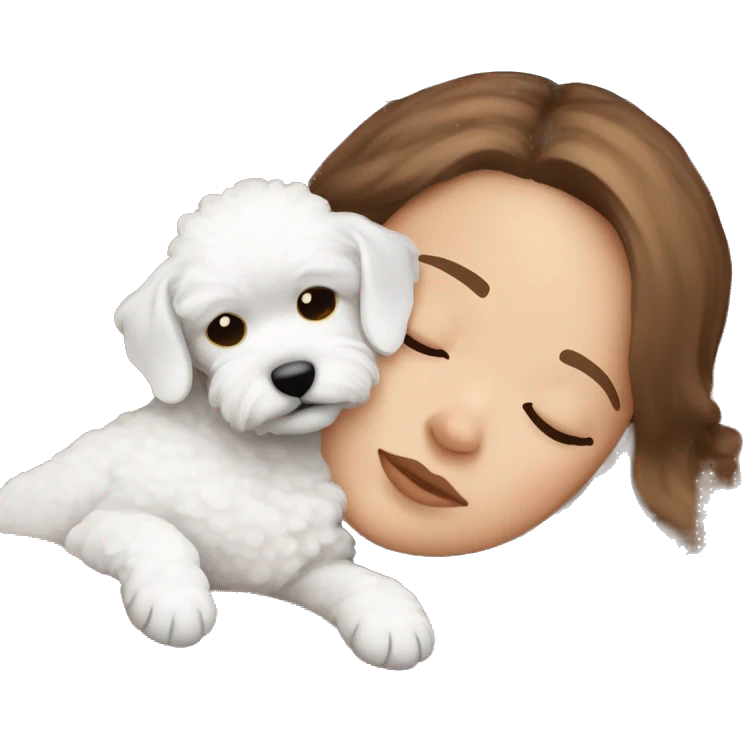 White girl brown hair sleeping with Mini Bichon emoji