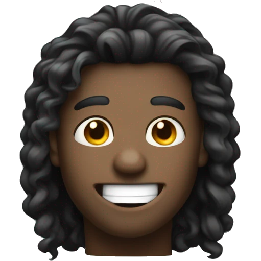 black curtains hair style,  very wide apart eyes, two big front teeth, big smile, white male emoji