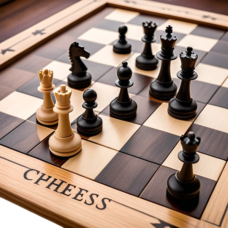 A chessboard with a few strategically placed pieces, including a king, queen, and pawns. The scene highlights the classic black and white squares of the board, emphasizing strategy and thoughtfulness in the game of chess. emoji