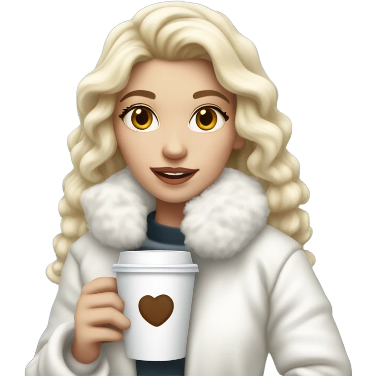 pretty blonde girl wearing white fluffy jacket and a coffee to go in hand all dress white and a white bow on hair emoji