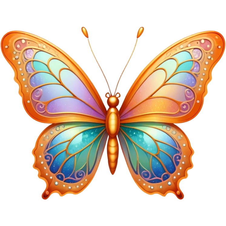Pastel sparkly orange glittery iridescent rainbow transparent butterfly with detailed intricate patterns emoji