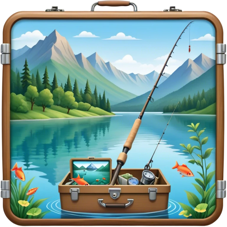 Icon for Fishing Travel: a fishing rod, tackle box and a boat on a calm lake surrounded by mountains and lush greenery, with fish jumping out of the water. The icon should capture the peaceful and adventurous nature of fishing trips. Transparent background. emoji