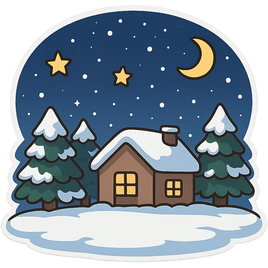 一张冬天雪里的场景，背景有堆满雪的松树和房屋，前面是一块空地，天空是夜晚的星空，有星星和月亮 emoji