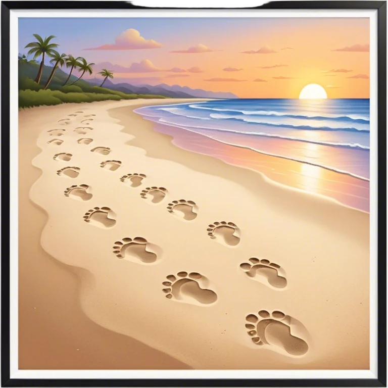 beach sunset. Two sets of footprints—one baby footsteps, the other larger childhood self and inner child emoji