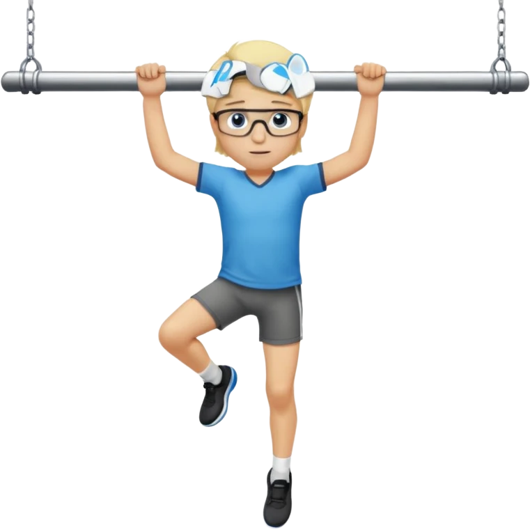 Wygeneruj mi emotke ubranego chłopaka i pokaż go od stóp do głów o włosach blond z niebieskimi oczami w okularach, który wisi na drążku emoji