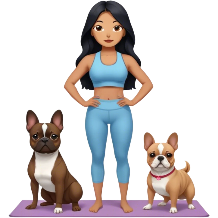 latin woman in a yoga outfit with long black hair standing alongside two French bulldogs  emoji