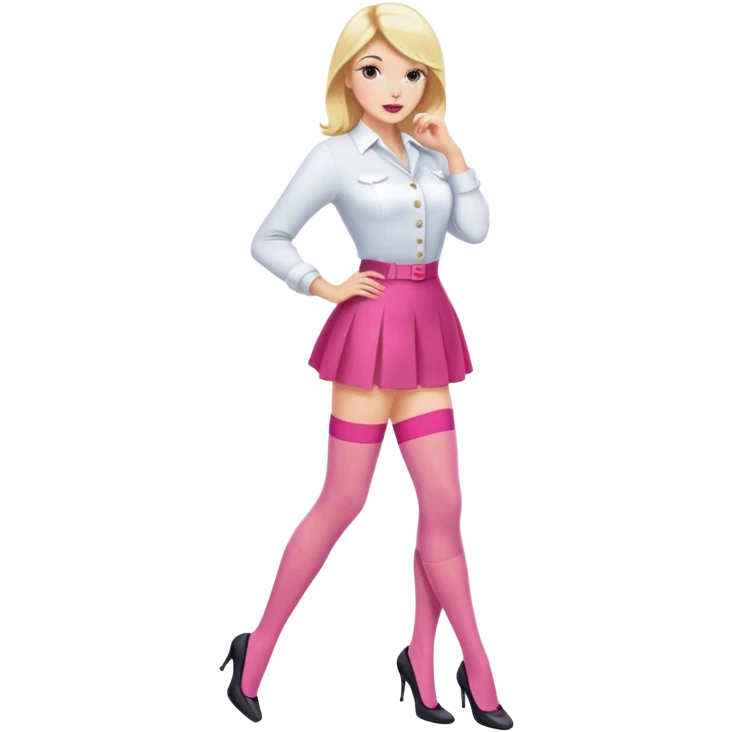 Fashionable blonde woman with pink nylon stockings, confident pose emoji