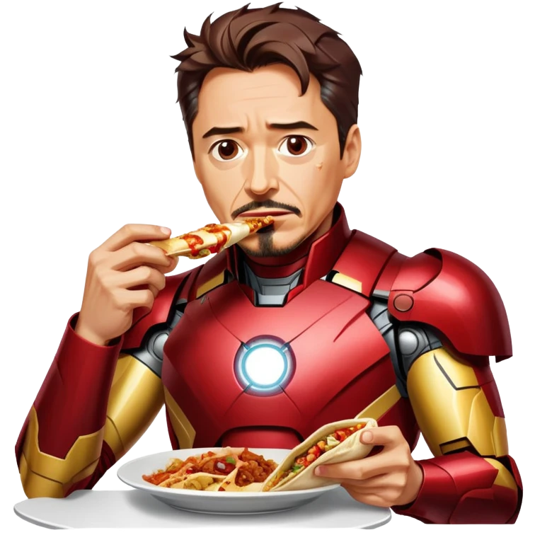 Tony Stark eating a delicious shawarma, wearing his Iron Man suit, looking satisfied and slightly messy, with a bite taken out of the wrap, sauce dripping a little, neon city lights in the background, comic book style, vibrant colors. emoji