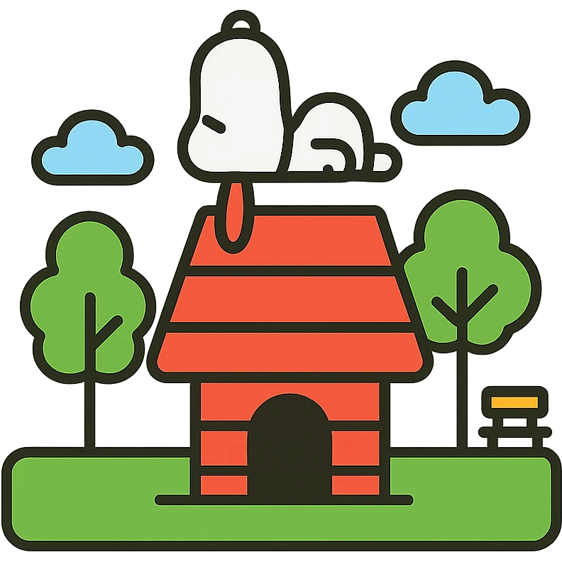 Snoopy, outlined and colorful, sitting on a doghouse, with a park background emoji