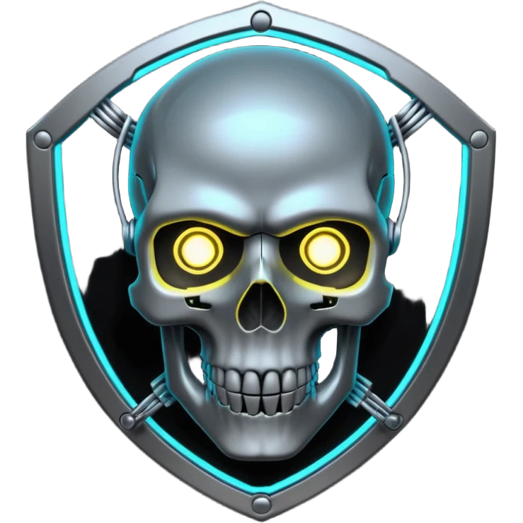 Cyberpunk shield, skull with cybernetic implants, glowing wires, dark electric silver and black tones, no background emoji