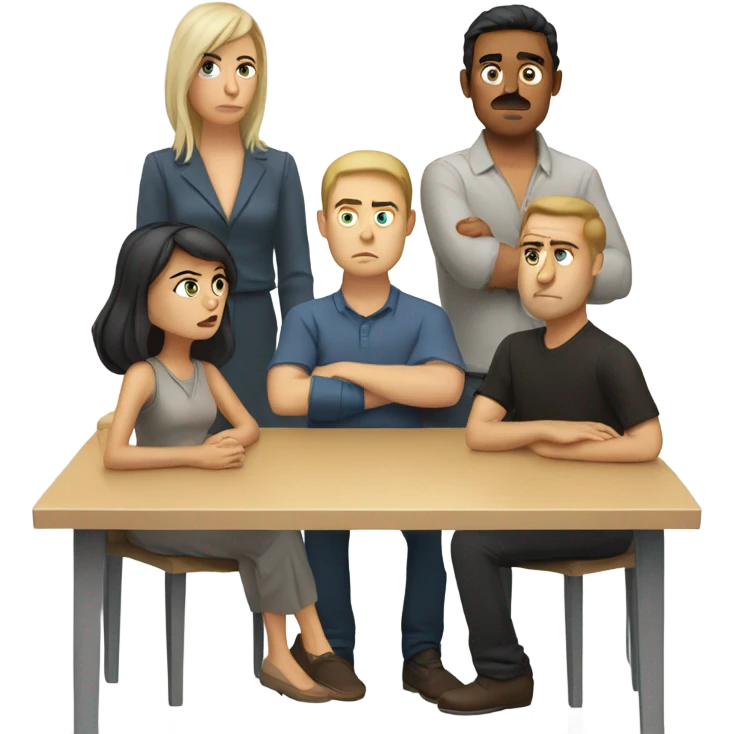 6 Caucasian people sitting around a table looking unhappy emoji