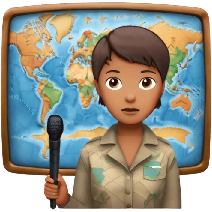 Icon for Documentary Film (TV style): A large TV screen with a serious-looking host standing in front of a map. The host holds a microphone, and the map displays historical or geographical information. Retro TV broadcast style. Transparent background. emoji