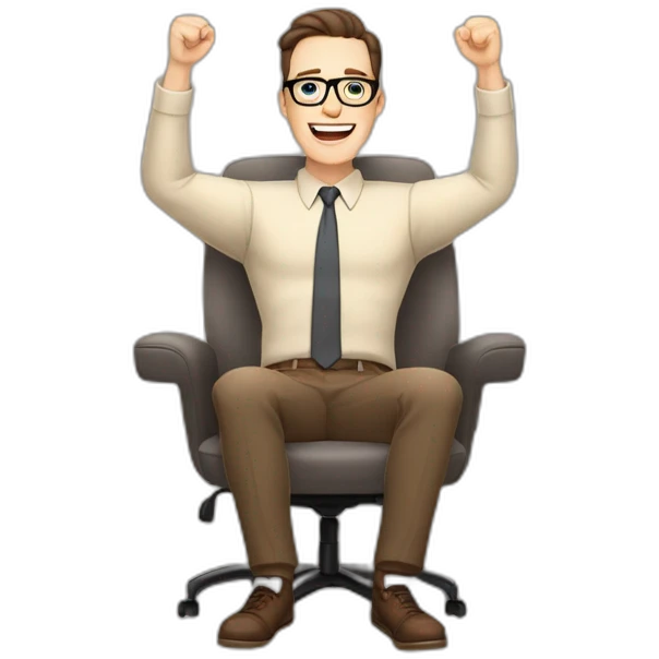 Joyful Celebrating victory Hands up Pale skinned Fit Man With dark brown hair in gray jacket, beige office shirt, Brown pants and vintage glasses sitting In a soft chair emoji