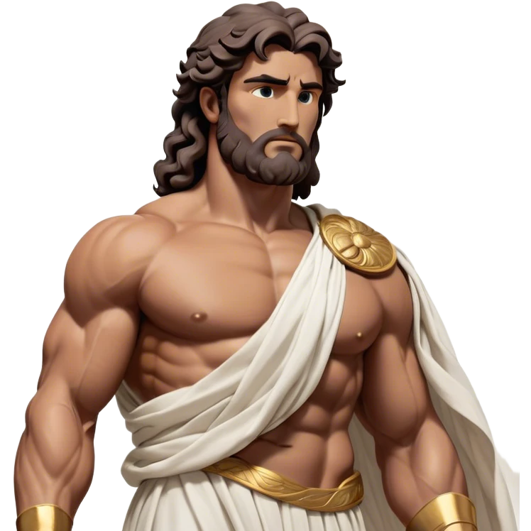 Cinematic Realistic Hercules Portrait, depicted as a classical Greek statue with a robust, muscular build and perfectly chiseled features. His bronze, sun-kissed skin has a timeless, marble-like quality, and his thick, wavy dark hair frames a face exuding determination and quiet nobility. Draped in a flowing white robe with subtle golden accents, the portrait is rendered under dynamic natural lighting that highlights every sculpted detail and evokes the majesty of ancient myth. emoji