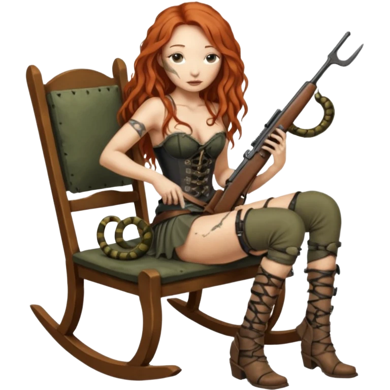 solarpunk ultra HD skinny Tori Amos casually crouches on a rocking chair in a torn corset, holding a lintlock rifle and with muddy feet. a bronze snake wrapped itself around the chair emoji