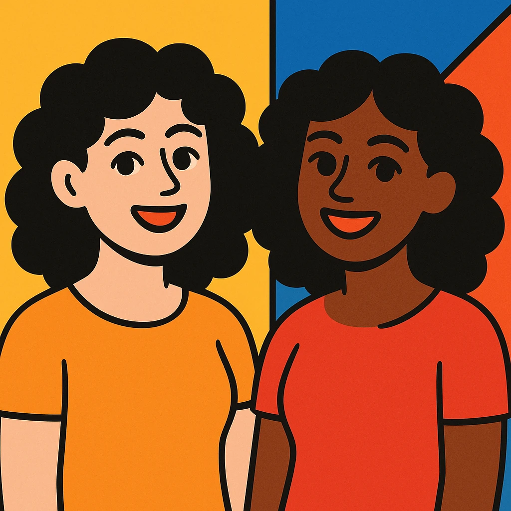 illustration of two women, one with light skin and one with dark skin, both with black curly hair, black eyes, full lips, smiling expression, cartoon style emoji