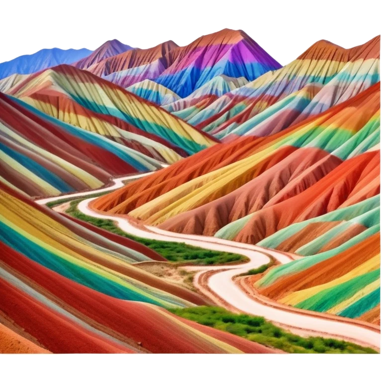 Rainbow Mountains Zhangye Danxia colorful striped hills, simplified emoji style with bold outlines and bright colors, cartoon style multicolored mountain ridges emoji