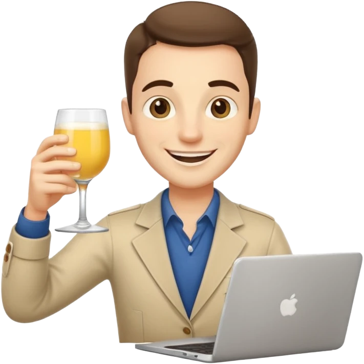 A friendly freelance character (male or neutral) working on a laptop while holding a glass of pastis/ricard (yellow drink with ice and lemon). The character should have a simple smiling face (no glasses), and should look energetic and creative. emoji