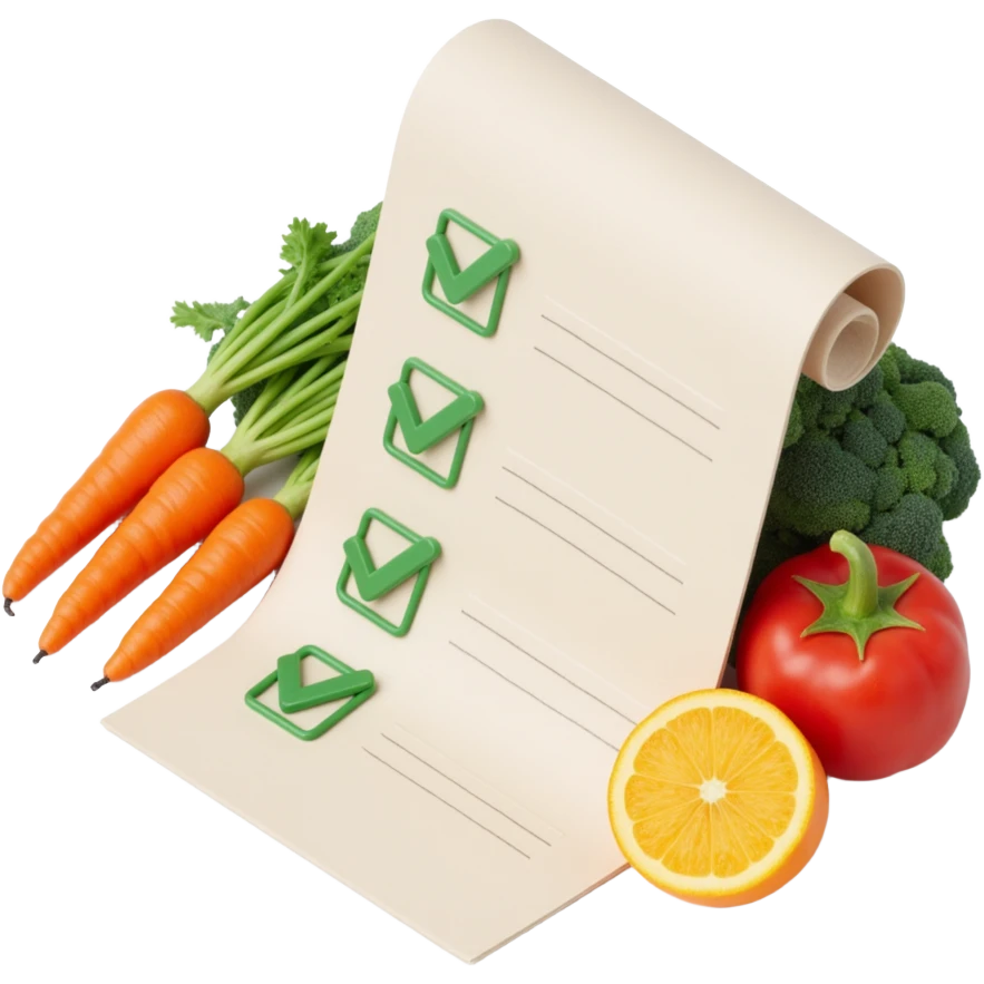 floating rolled paper list with green checkboxes and around vegetables emoji