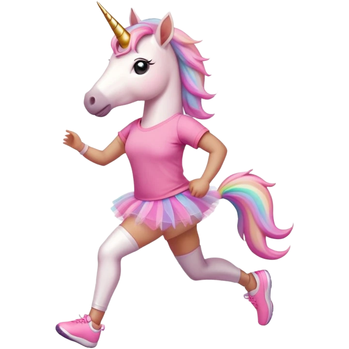 anthropomorphised female unicorn in tutu and pink t-shirt jogging upright relaxed pose emoji
