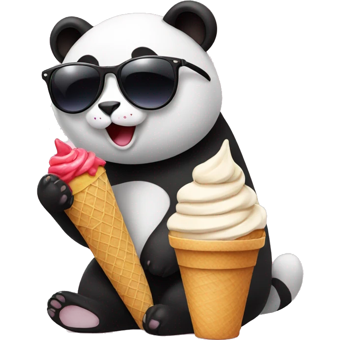 Cat with sunglasses sitting on a Panda eating ice cream emoji