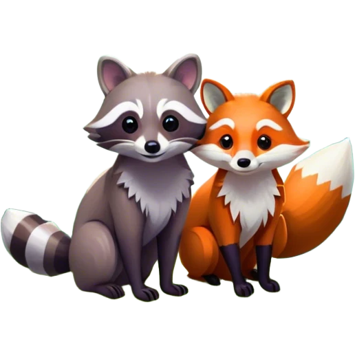 Collage of a raccoon and a fox, in close-up, surrounded by a colorful forest with rich green trees, thick bushes, and vibrant foliage. Sunlight peeks through the branches, casting warm light on the animals. A lively, natural setting with a transparent background. emoji