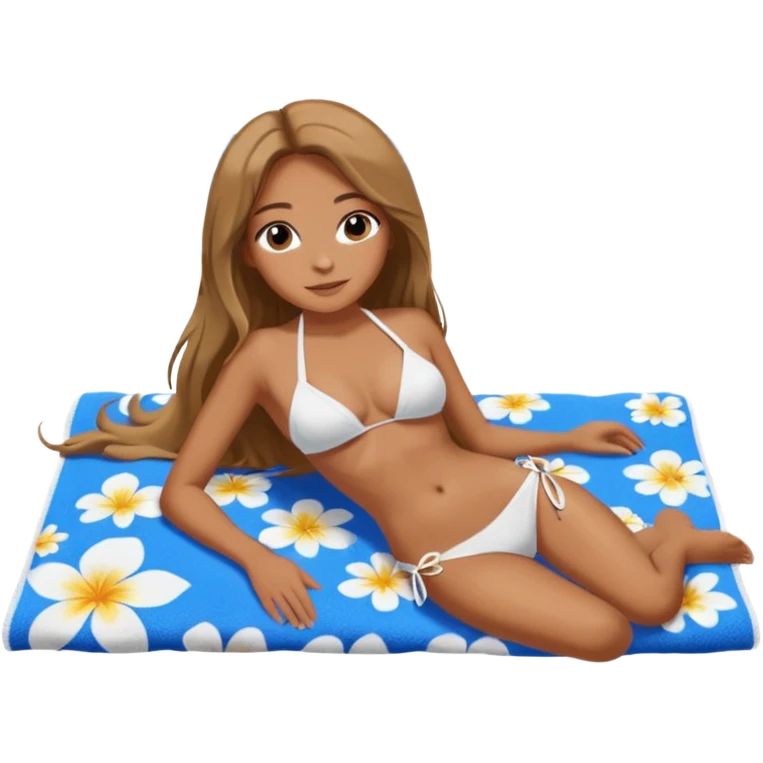 Tan girl with long hair in a white bikini tanning on a beach laying down on a blue and white floral towel , looking at the ocean  emoji