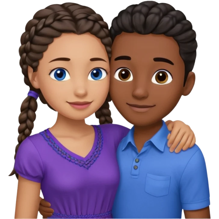 Boyfriend who is medium tan olive skinned with blue eyes and wavy straight brown hair in a blue shirt and his girlfriend who is dark skinned, juicy lipped with black braided hair and the two are hugging and smiling she’s wearing purple and she has black eyes emoji