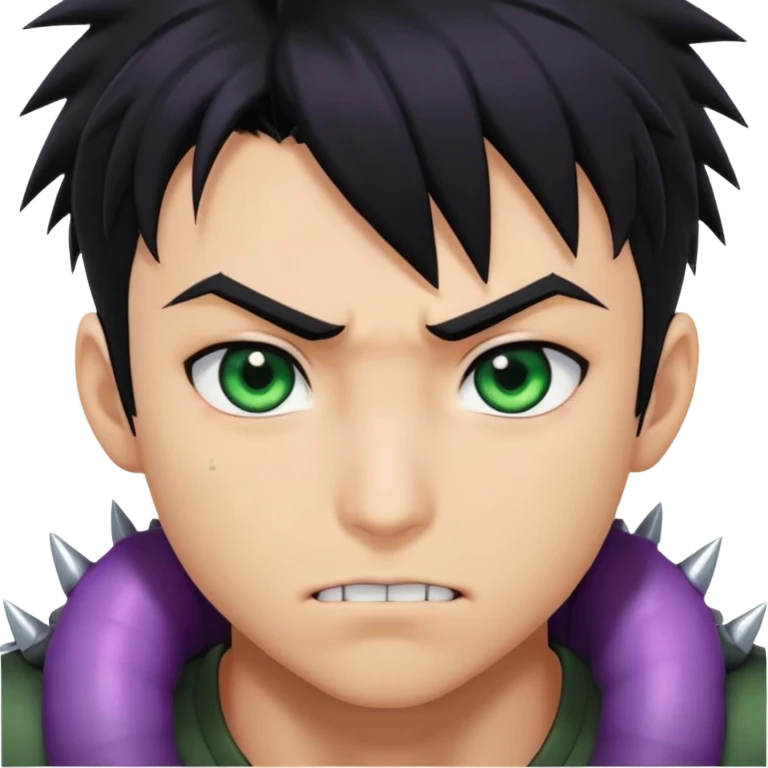 Anime boy character with black hair and spiky bangs on the face with dark green eyes and a scar on the mouth and muscular and black shirt with a purple worm around him emoji