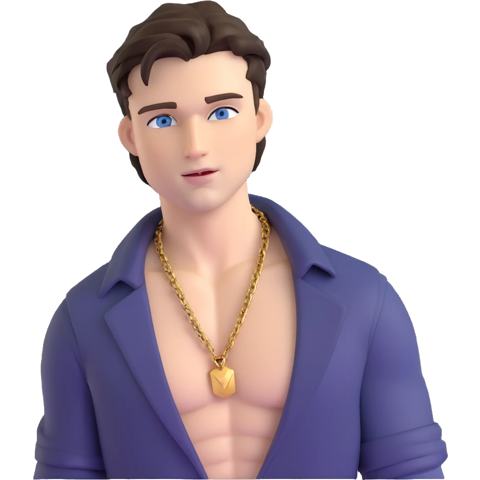 handsome male with intense blue-grey eyes, chiseled features, pale skin, confident smirk, dark brown styled hair, baddie energy, gold chain, very revealing open shirt showing chest and abs emoji