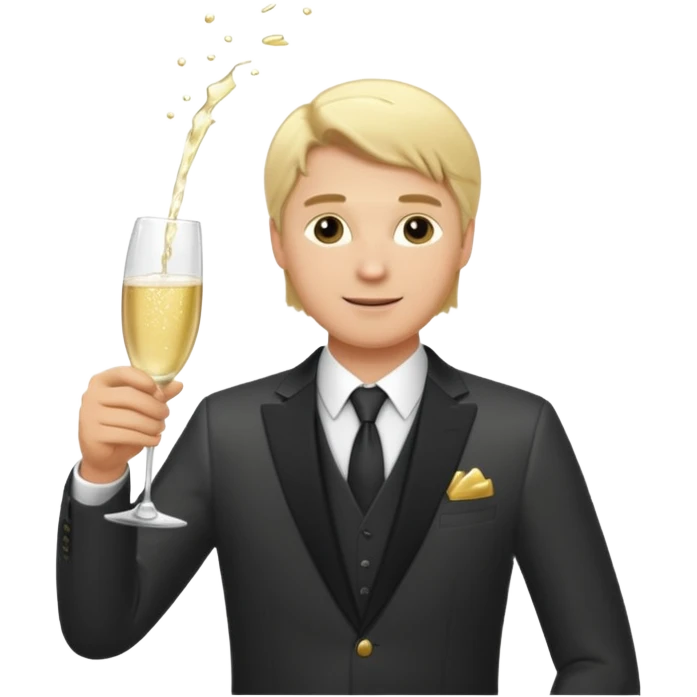 strong wealthy smart opulent white man with blonde hair, healthy, well-suited, pouring a glass of champagne, apple style emoji emoji